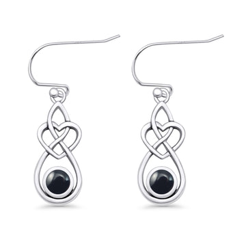 Round Black Onyx Celtic Knot Heart Fishhook Earring 925 Sterling Silver